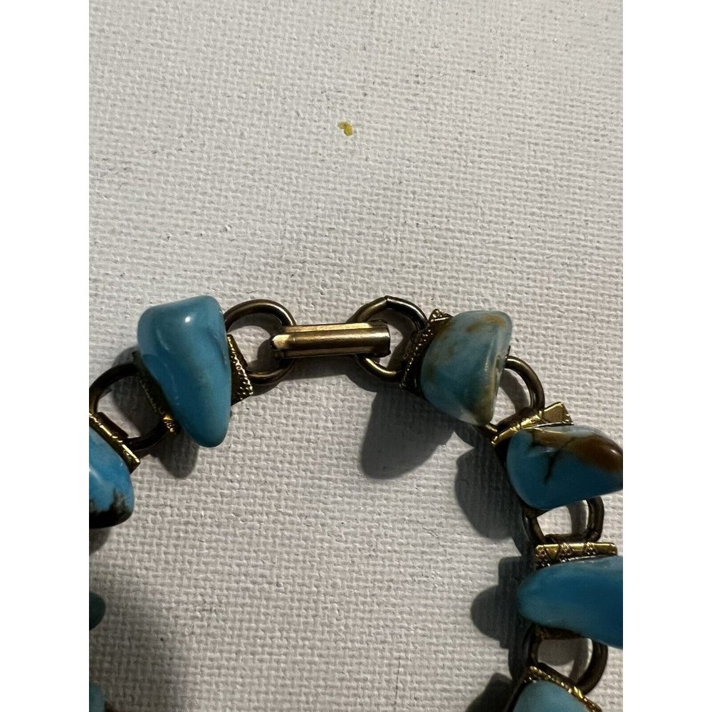 Vintage Silver Tone Book Chain Link Bracelet W Faux Turquoise Nuggets ~ 7" View 2